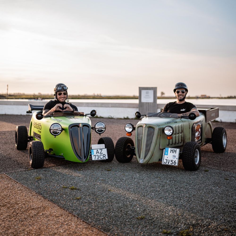 Participant driving a Hot Rod during a sunset tour with Hot Rod Fun Portugal